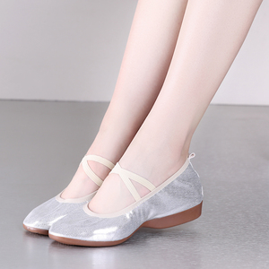 金银色广场舞蹈鞋女中低平跟软底跳舞鞋春夏季成人交谊练舞鞋演出