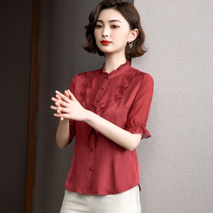 重磅真丝衬衫女中袖2022夏新款木耳边缎面宽松小衫桑蚕丝短袖上衣