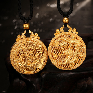 雅俪珠宝古法黄金龙凤吊坠999足金生肖龙牌挂坠纯金凤凰配绳项链
