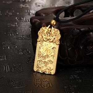 雅俪珠宝古法黄金吊坠男瑞兽麒麟吊牌999足金平安无事牌挂绳项链