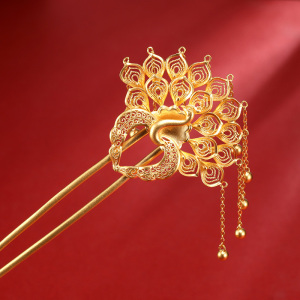 雅俪珠宝古法黄金钗999足金凤钗凤凰发簪头饰嫁妆结婚三金首饰品