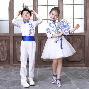 中国风儿童青花瓷演出服元旦古筝表演诗歌朗诵中小学生大合唱服装