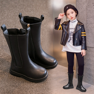 女童长筒靴2020新款春秋季儿童马丁靴黑色长筒靴小女孩中筒骑士靴
