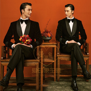 新款影楼复古男士服装婚纱摄影中国风拍照舞台演出工笔画西装礼服