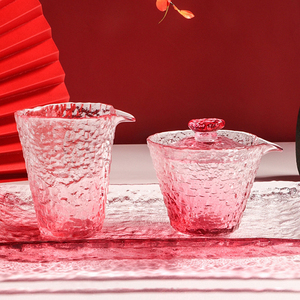 日式锤纹粉色女士冰露盖碗功夫茶具耐热玻璃公道杯加厚泡茶品茗杯