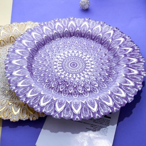 欧式典雅水晶玻璃盘餐具紫色孔雀纹盘金色果盘垫盘酒店创意摆盘子