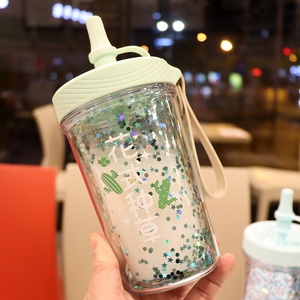 双层亮片流沙塑料水杯可爱少女心吸管杯便携成年学生夏天抖音网红