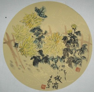 纯手绘水墨写意客厅花鸟画墨趣菊花名人字画仿真国画中国书画扇面