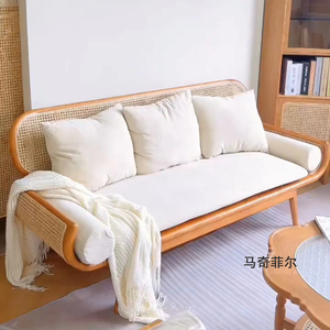 日式藤编沙发简约实木单人位双人位椅子家用小户型三人位沙发椅