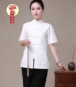 唐装女 中国风盘扣上衣短袖开衫中山装复古中式女装 衬衫棉麻夏季