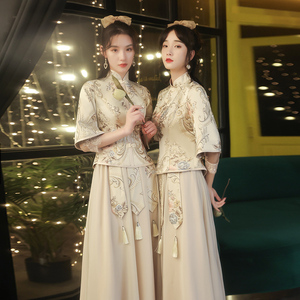 中式伴娘服旗袍2023新款冬季中国风婚礼姐妹团礼服裙女高级感小众