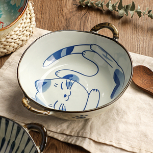 墨色日式陶瓷汤面碗大号双耳防烫汤碗家用高颜值餐具大碗带耳面碗