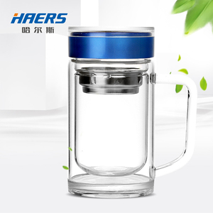 哈尔斯双层加厚配茶隔玻璃杯家用 耐热办公杯水杯透明茶杯子320ml