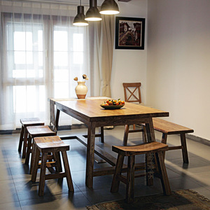 北欧餐桌实木老榆木餐桌椅简约长方形办公桌原木桌子咖啡厅做旧