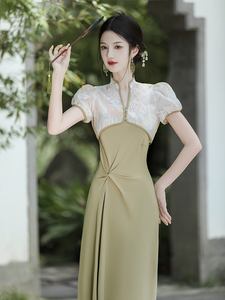 新中式连衣裙女夏季复古国风改良旗袍裙收腰吊带裙两件套淡绿色裙