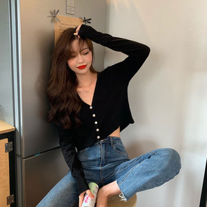 短款小衫女卡腰秋装2019新款v领上衣ins洋气毛衣针织长袖开衫薄款