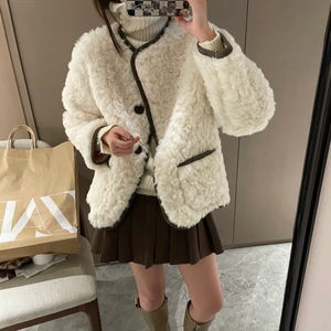 圆领羊羔毛绒外套女2021年秋冬新款韩版宽松小个子羊羔绒毛毛上衣