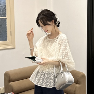 韩国东大门2024夏珍珠领蕾丝衬衫女收腰短袖衬衣设计感短上衣小衫