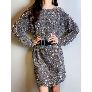 moss烨 银色亮片系带丝绒礼服连衣裙女2020冬n-1