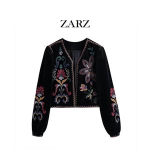 ZARZ 自制 欧美风 新款女装 法式气质简约风刺绣天鹅绒衬衫689527