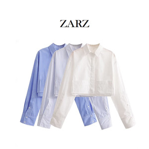 ZARZ自制 欧美风 新款女装 ins春夏 翻领长袖短款百搭条纹衬衫