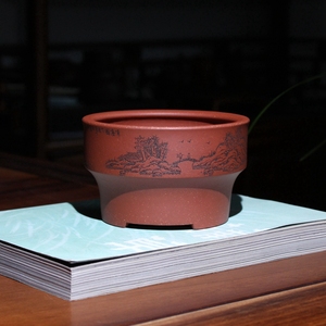 锦圆宜兴精品紫砂花盆周向红圆口形小盆景盆栽多肉菖蒲盆直筒透气