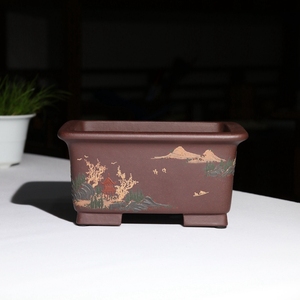 泥绘山水马槽盆长方形紫砂花盆吴化明精品手工盆景盆栽多肉菖蒲