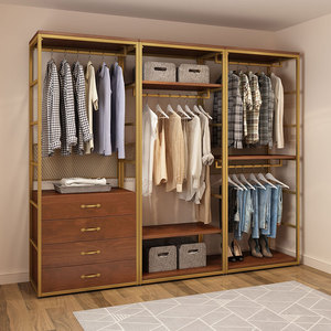 衣帽间柜子组合开放式家用卧室金色挂衣架铁艺金属衣柜步入式衣橱