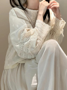 衬衣女法式勾花白色夏季纯棉蕾丝衫长袖镂空上衣女蕾丝刺绣上衣