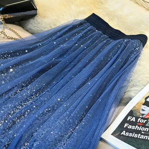 2020春夏新款星空网纱裙仙女裙中长款亮片纱裙女半身裙百褶裙