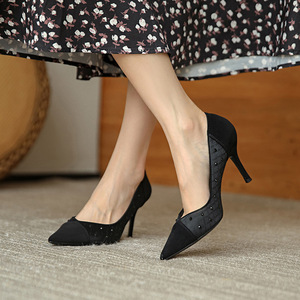 一代佳人高跟鞋女细跟2021年夏秋新款尖头水钻拼接单鞋女浅口女鞋