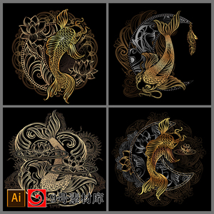 手绘金色锦鲤鲤鱼莲花线条描边图腾花纹矢量设计插画装饰画素材