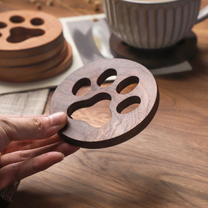 创意黑胡桃实木镂空猫爪可爱杯垫日式木质茶杯隔热垫礼品茶室茶具