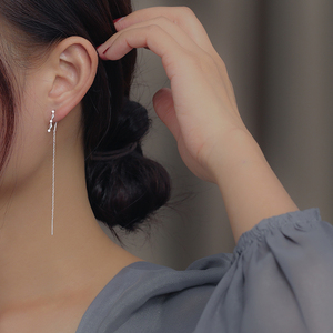 S925纯银菱形耳线女 气质甜美几何光面四爪镶钻合成锆石流苏耳环