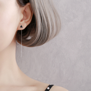 S925纯银黑色三角形耳线女 韩国气质简约个性冷淡风几何耳环耳链