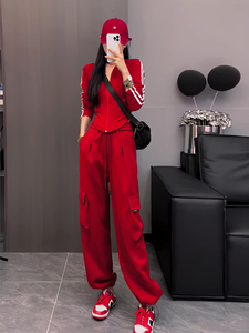 中国红色套装女运动跳爵士舞阔腿束脚哈伦休闲长裤两条杠卫衣开衫