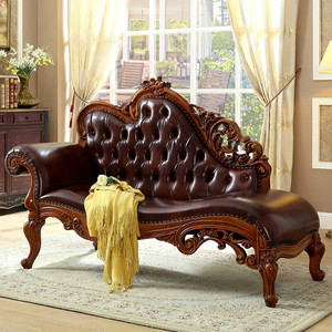 欧式实木真皮贵妃椅美式休闲椅客厅贵妃沙发美人踏卧室躺椅沙发椅