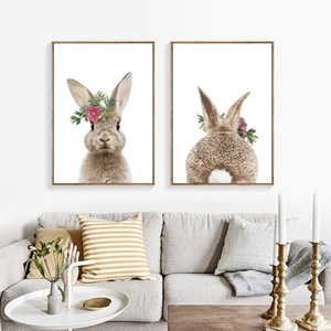 北欧ins卡通动物装饰画儿童房兔子清新挂画墙画客厅卧室床头壁画