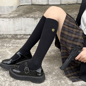 日系徽章船锚中筒袜女黑色长筒jk袜子秋冬英伦大童校服纯棉小腿袜