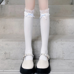 日系蕾丝花边小腿袜Lolita薄款天鹅绒中筒袜可爱蝴蝶结白色袜子女