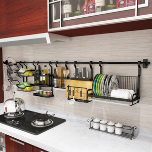 不锈钢黑色厨房置物架免打孔刀架碗架调味料壁挂墙上收纳挂件挂架