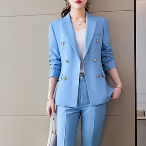 西装套装女2022年春秋新款时尚气质名媛女神范西服浅蓝色职业工装