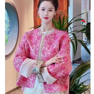 外贸尾货品牌新中式国风粉色唐装外套女士秋冬超好看提花减龄上衣