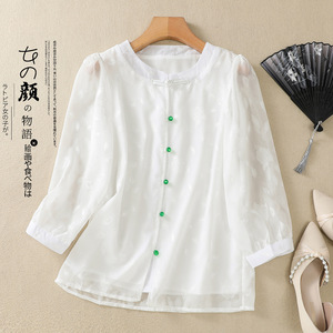 白色国风复古提花盘扣雪纺衬衫女夏季设计感七分袖薄款打底衫上衣