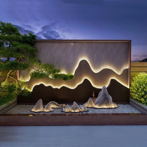 不锈钢屏风背景墙迎门隔断酒店庭院园林户外餐厅销售部山水画装饰