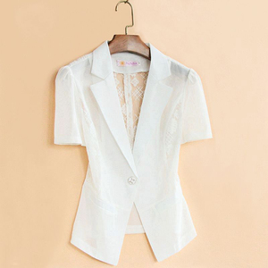 白色短袖西装女外套修身薄款夏季短款韩版蕾丝网纱西服小披肩外搭