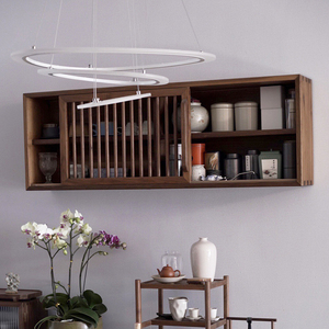 新中式实木吊柜壁挂黑胡桃木禅意简约墙壁柜老榆木挂柜中式茶格柜