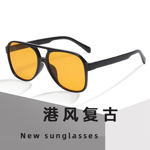 新款港风复古黑框塑料PC眼镜架橘黄色双梁飞行员式蛤蟆镜太阳眼镜
