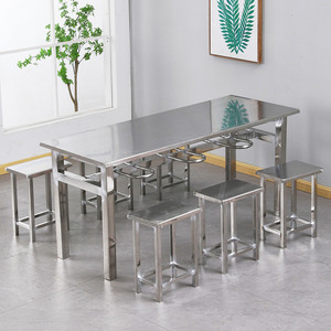 不锈钢学校员工厂食堂餐桌椅4人6人位长方形桌子快餐桌椅挂凳组合