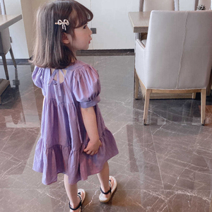 女童紫色泡泡短袖连衣裙夏装儿童洋气韩版女宝宝夏季时尚公主裙子
